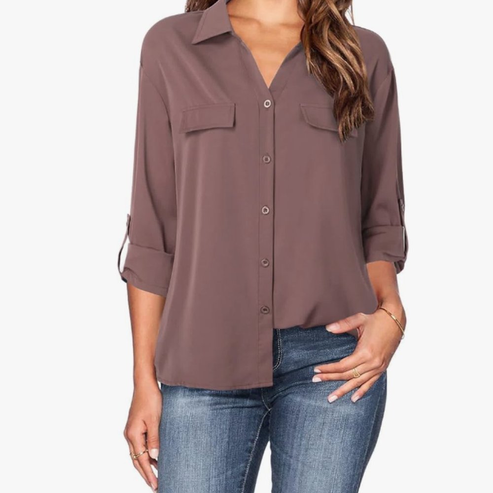 Coffee Brown Silky Button Up Women's Blouse